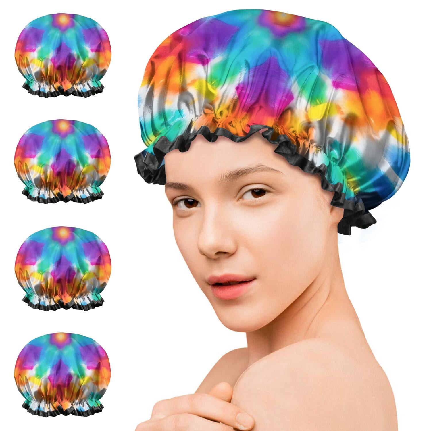 Shower Caps,Colorful Rainbow Tie Dye Spiral Pattern Waterproof Shower Cap for Women 4 Pieces,Double Reusable Hair Cover for Shower PEVA Elastic Stretch Hem