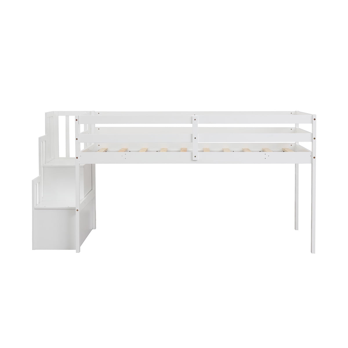 Private Jungle Loft Bed with Staircase, Storage, Full-length Safety Guardrails, No Box Spring Needed, White Private Jungle Loft Bed with Staircase, Storage, Full-length Safety Guardrails, No Box Spring Needed, White