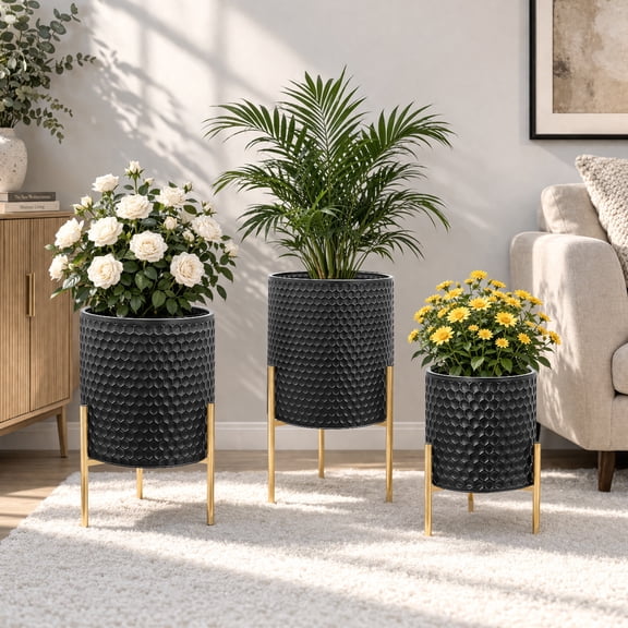 Modern Black Planter Pots Set of 3, Metal Flower Pots with Gold Stands