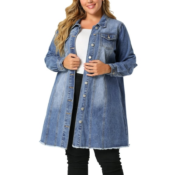Agnes Orinda Women's Plus Size Jean Jacket Long Sleeve Maxi Length Denim Jackets 1X Blue