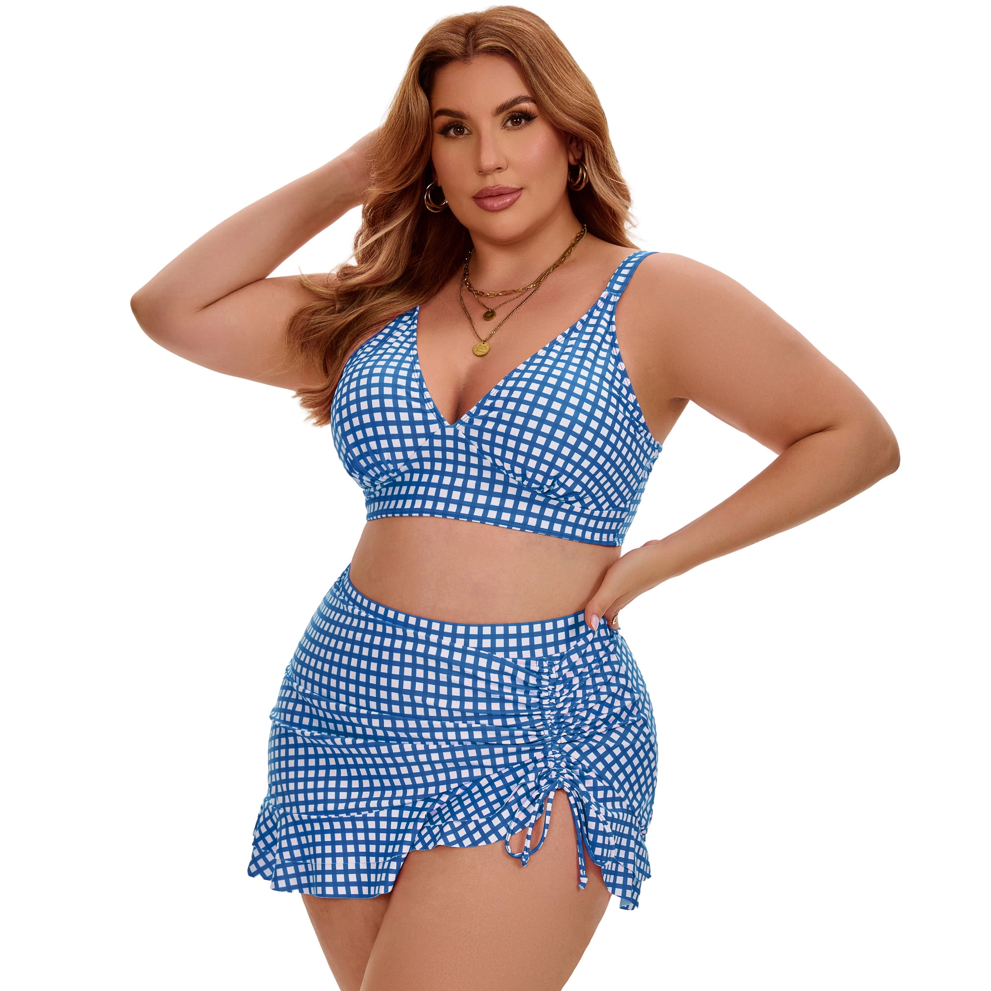 DARING DIVA Women's Plus with Retro Gingham High Waisted Bikini 3X Blue