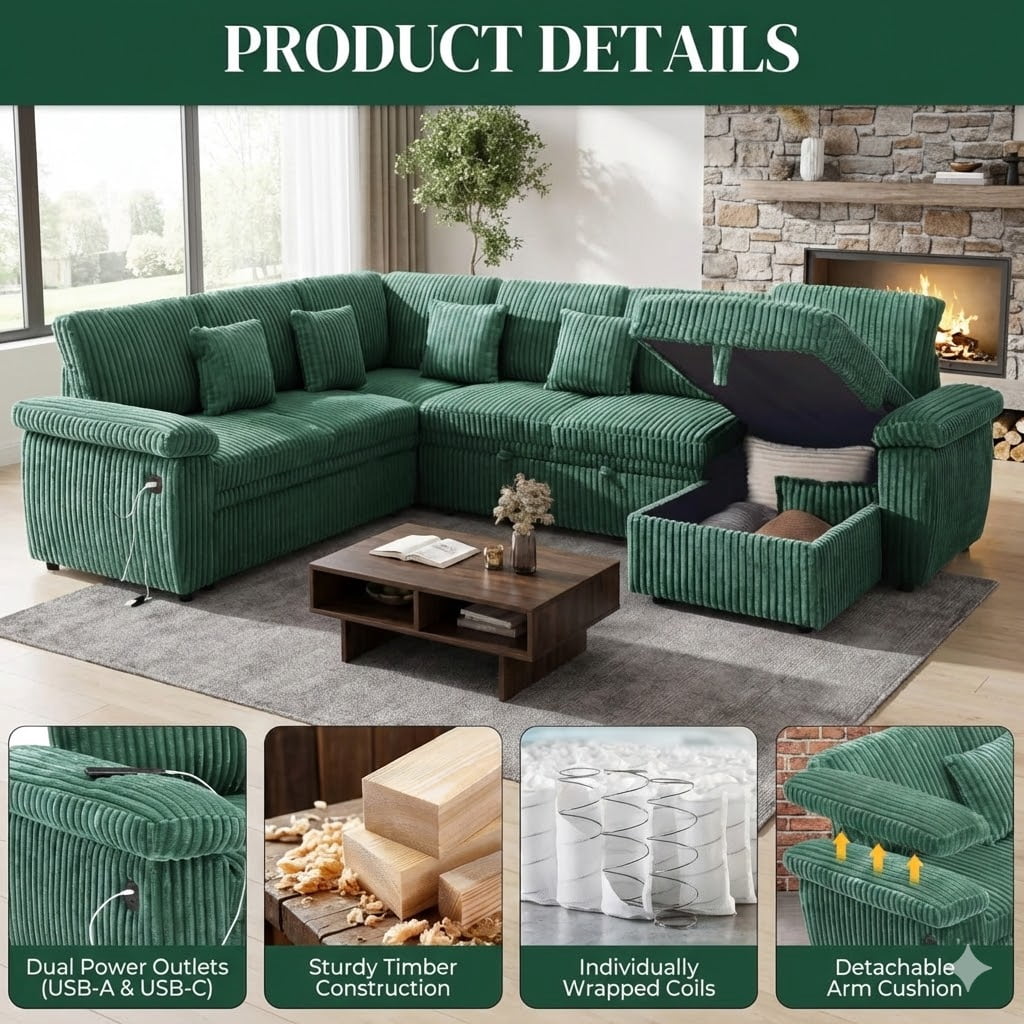 Howcool U-Shaped Sectional Sleeper Sofa with Pull-Out Bed, 7-Seat Convertible Couch, Modular Sofa with Storage Chaise and USB Ports, Plush Corduroy Living Room Furniture,Green(Thick Sponge)