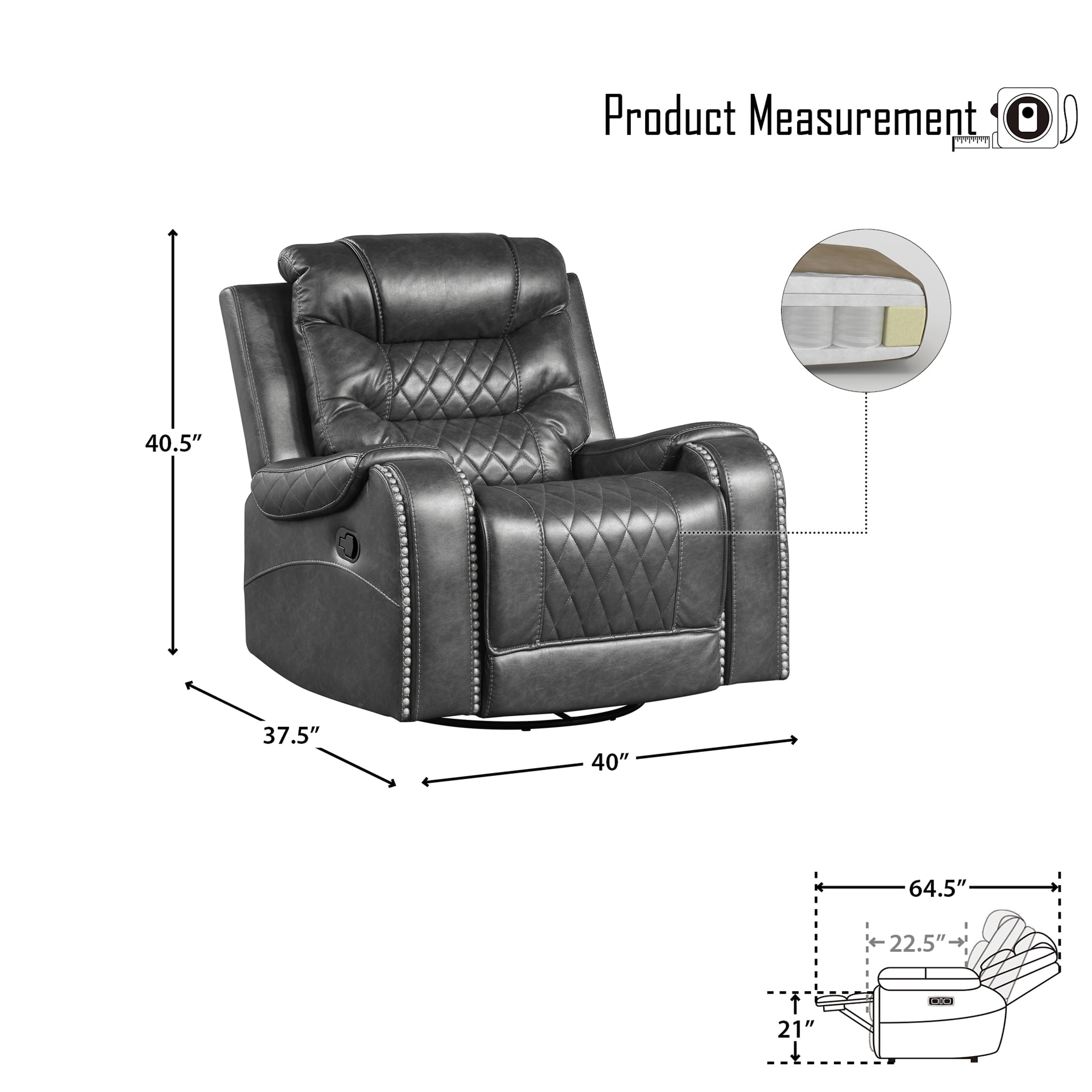 OakvillePark Ridder Polished Microfiber Upholstered Swivel Glider Reclining Chair, Gray