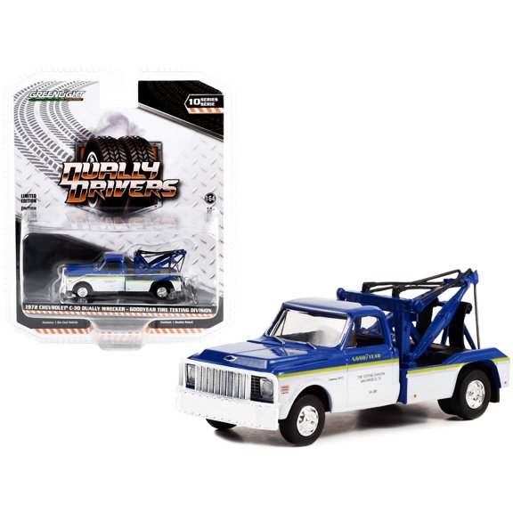 1972 Chevrolet C-30 Dually Wrecker Truck White and Blue w/Yellow Stripes 1/64 Diecast Model Car by Greenlight