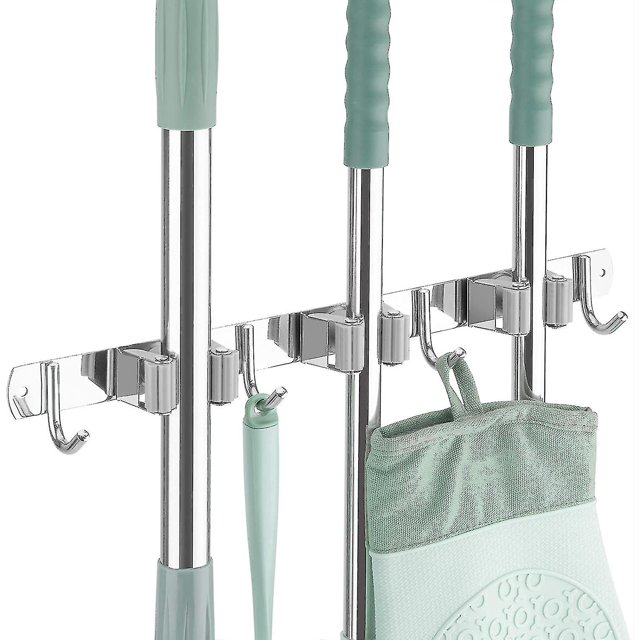 Soporte para fregona y escoba, soporte de pared resistente, estante utilitario de acero inoxidable de primera calidad para colgador de herramientas, organizador de armario de escob