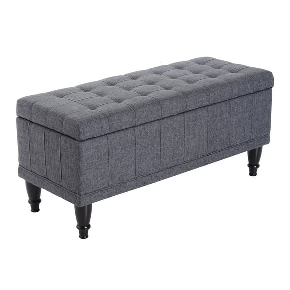 HOMCOM Storage Ottoman, Linen Fabric End of Bed Bench with Soft Close Lid, Button Tufted Storage Bench for Living Room, Entryway or Bedroom, Grey
