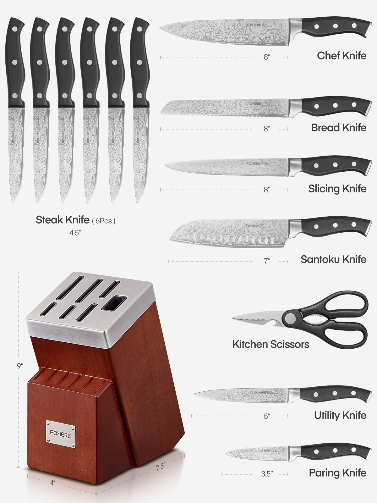 FOHERE 14 Pcs Knife Set with Self-sharpening Technology, Waved Texture Kitchen Knives, Stainless Steel