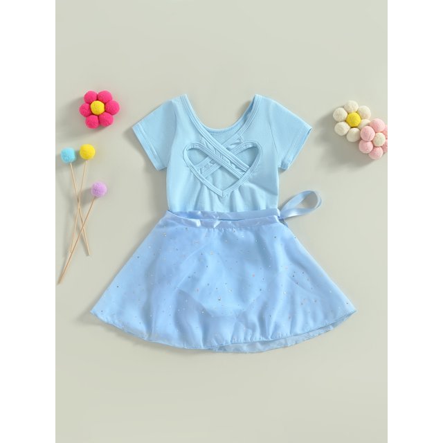Xsylife - Conjunto de ropa para niñas pequeñas, de manga corta, de color liso, con leotardos de ballet y falda extraíble
