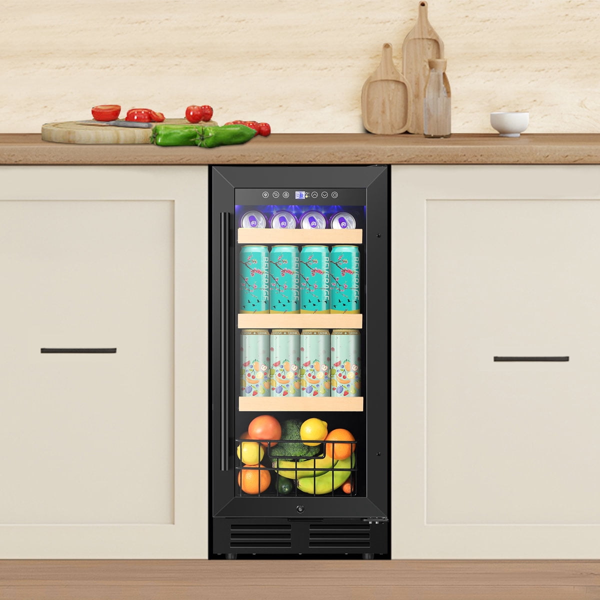 15" Black Beverage Refrigerator 130 Can Built-In/Freestanding Beer Cooler Fridge With Basket And Reversible Hinge
