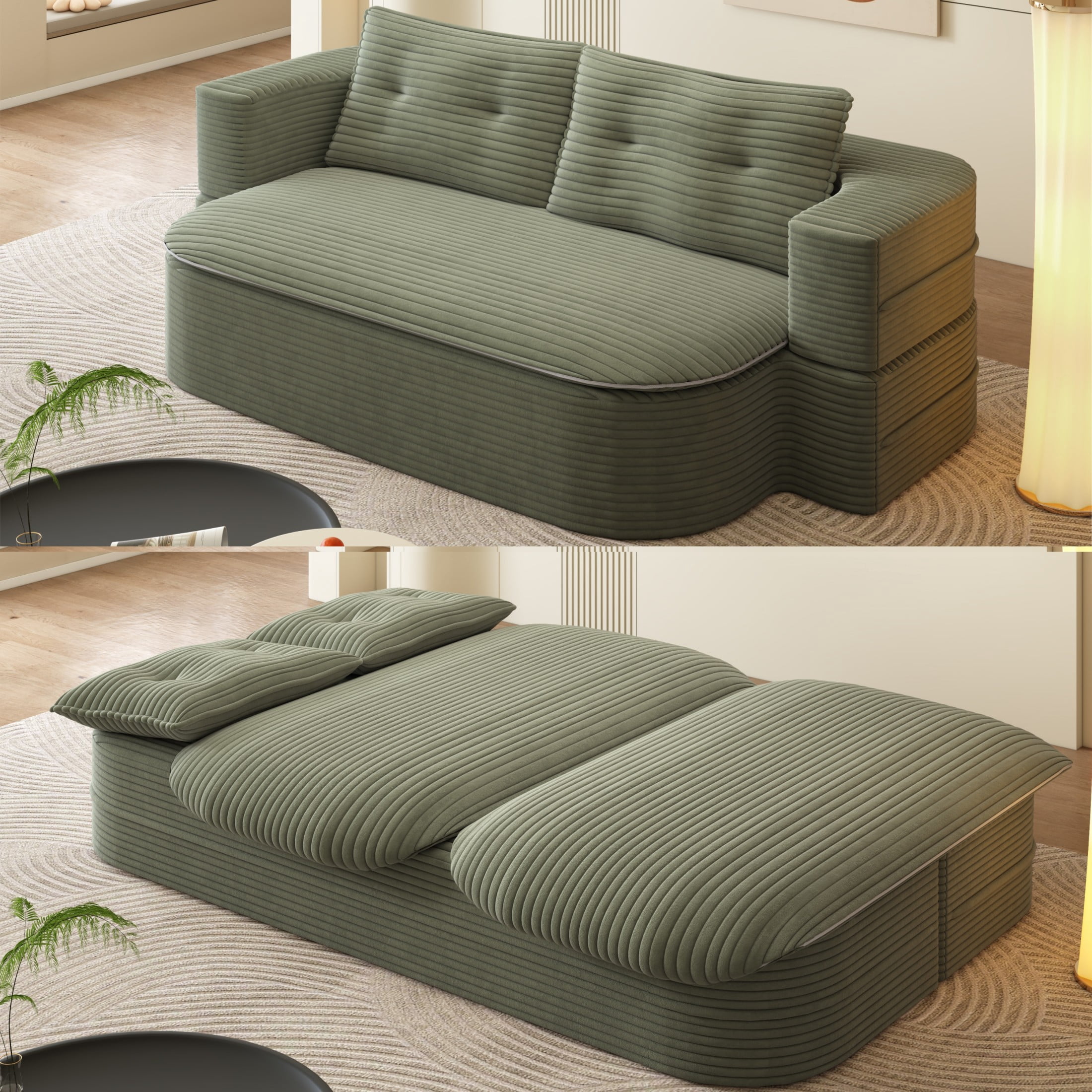 Noble House 79" Corduroy Convertible Floor Sofa Bed with Built-in Functional Blanket, Soft Pillows Sofa Couch, Coffee