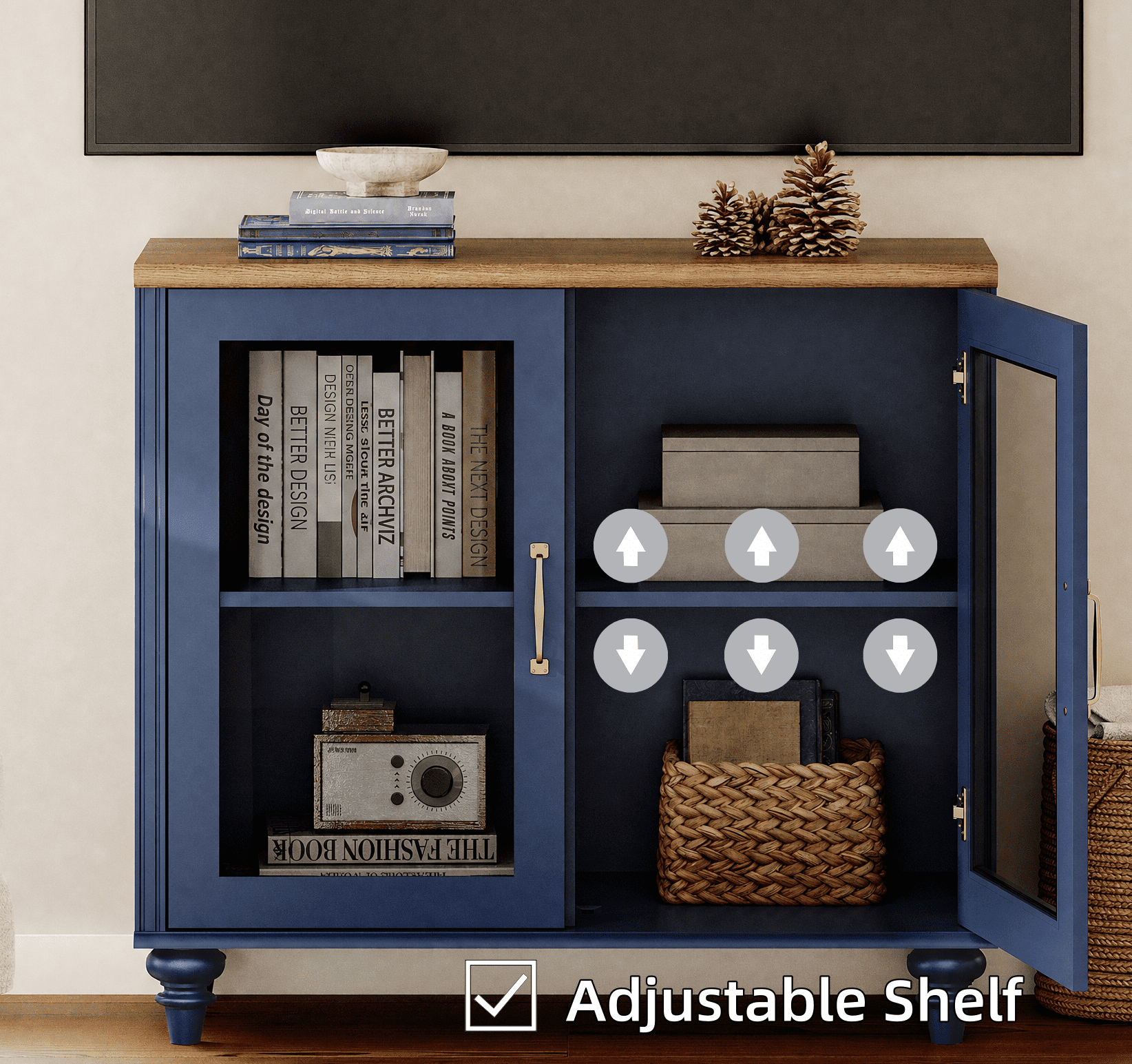 68" Buffet Cabinet with 4 Glass Doors, Kitchen Storage Cabinets, Wood Coffee Bar Table with Adjustable Shelf, Sideboard Credenza for Dining Room, Navy Blue