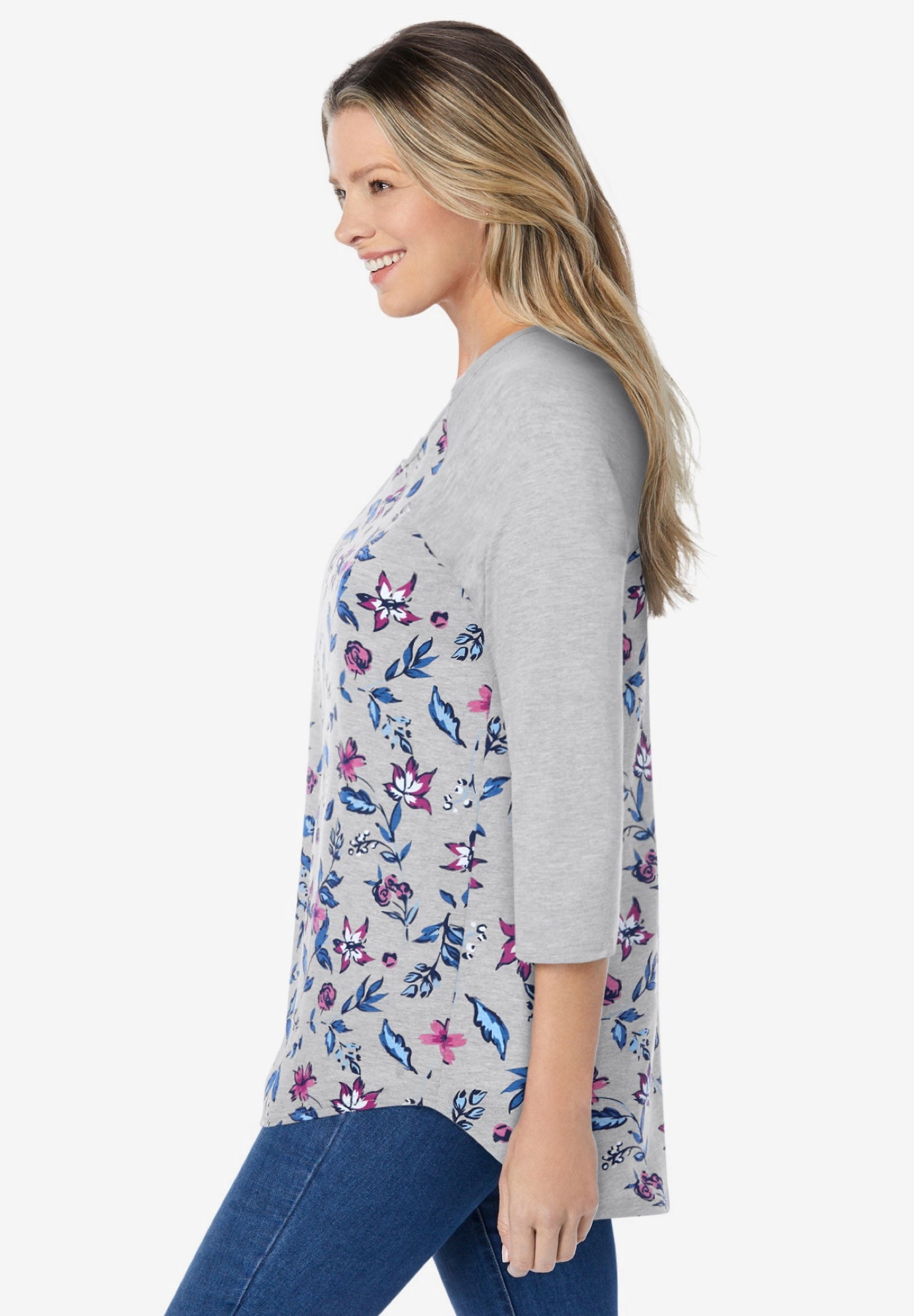 Woman Within Plus Size Three-Quarter Sleeve Baseball Tee