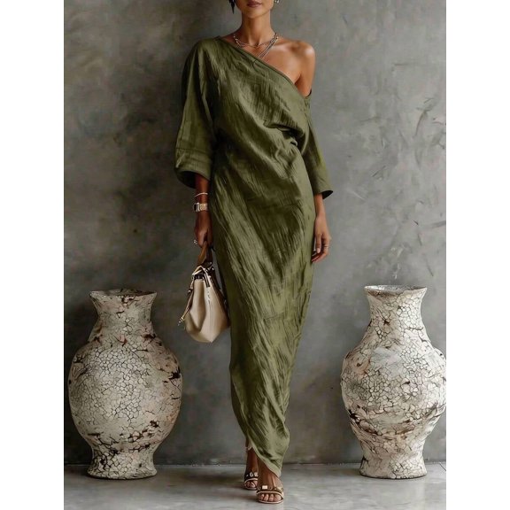Army Green Womens Loose Off-Shoulder Maxi Dress With Textured Fabric, Relaxed Fit For Casual Or Vacation Wear