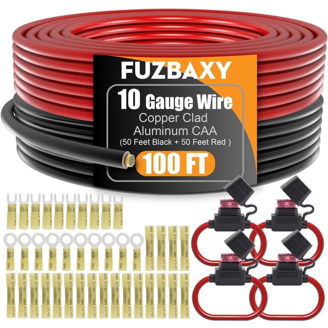 Cable Fuzbaxy de calibre 10, aluminio revestido de cobre, CCA, 15 m, negro y rojo