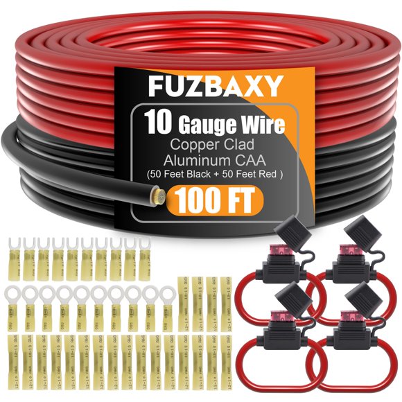 Cable Fuzbaxy de calibre 10, aluminio revestido de cobre, CCA, 15 m, negro y rojo
