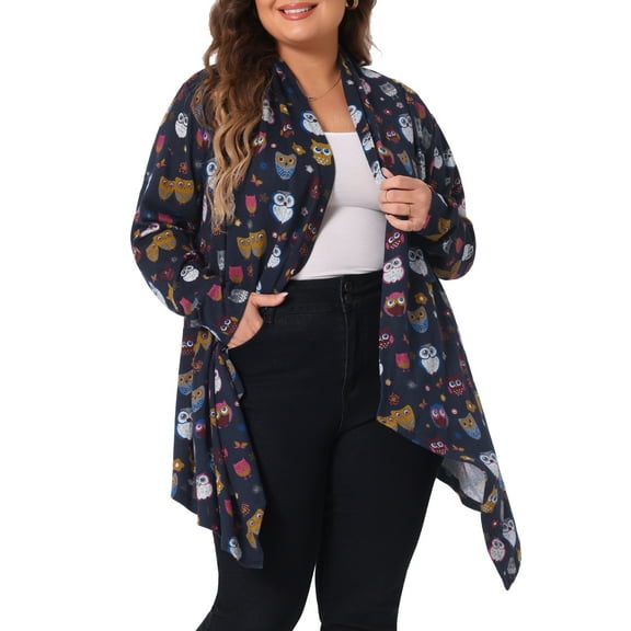 DARING DIVA Plus Size Owl Flowy Print Loose Open Front Sweater 1X Navy Blue