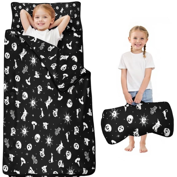 Black Halloween Cat Skull Pattern Toddler Nap Mats for Kids Preschool,50"x20" Sleeping Mat Bag or Kids,Toddler Sleeping Bag,Toddler Nap Mat or Daycare