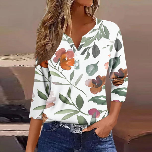 Fiudx Ofertas Del Día Blusa de Manga 3/4 Corta Estampada a La Moda para Mujer, Blusa Informal con Cuello Redondo