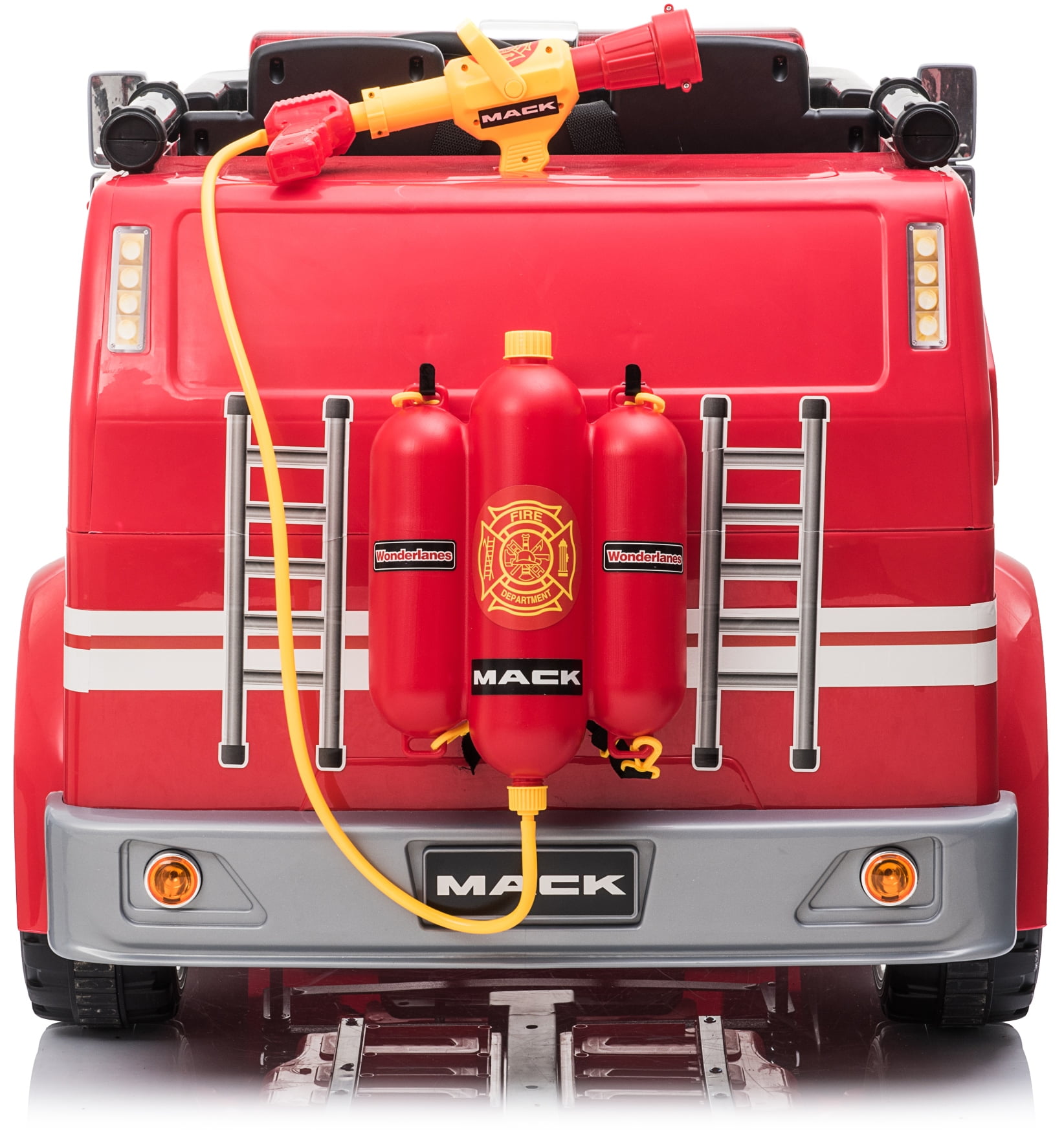 Wonderlanes Mack Truck Fire Engine Two Seater Ride On Siren Light and Sound 12V Battery Powered