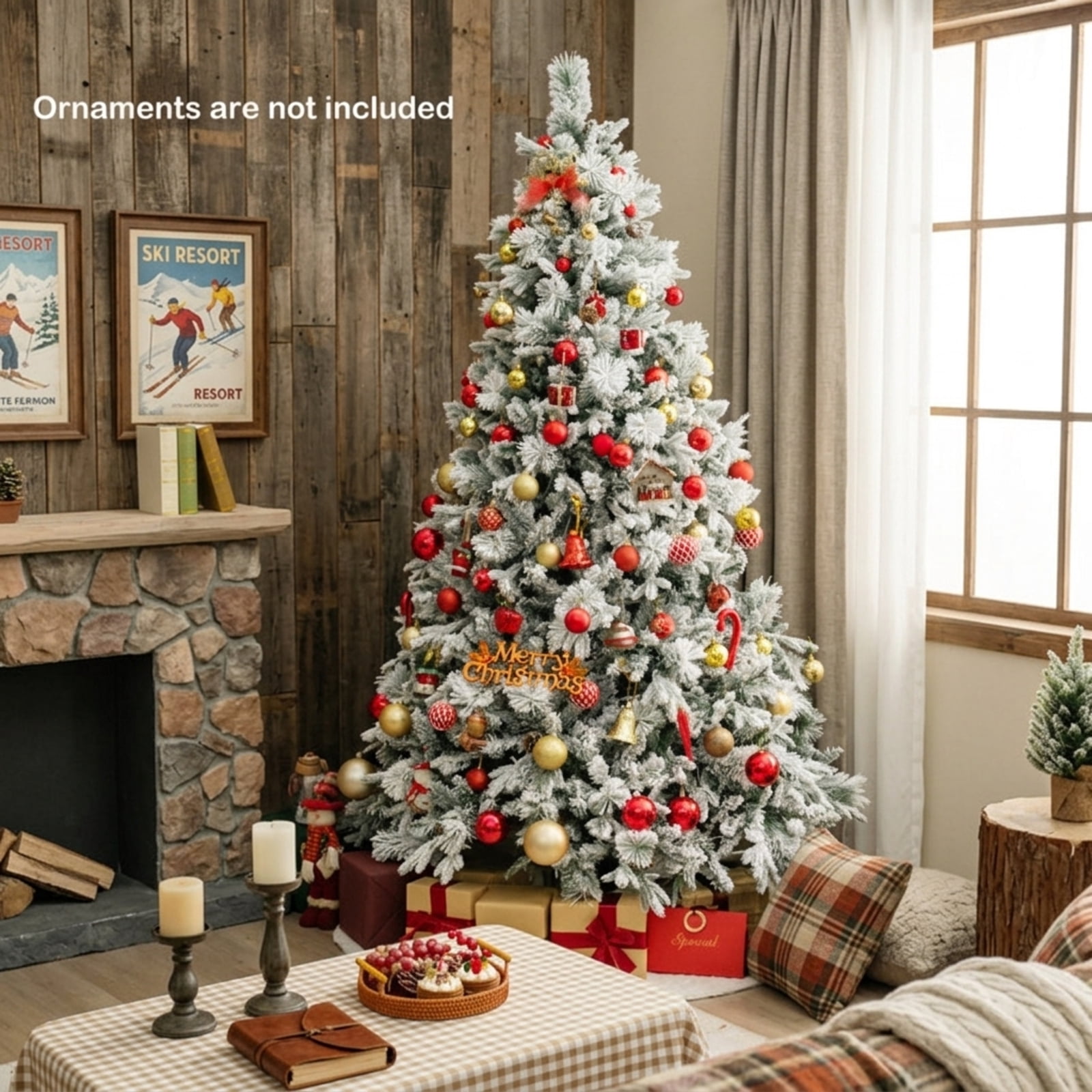 RUIE 7 ft Flocked Artificial Christmas Tree with Pine Cones, Pre-Lit Green White Xmas Tree, 320 LED Lights and 1270 Branch Tips