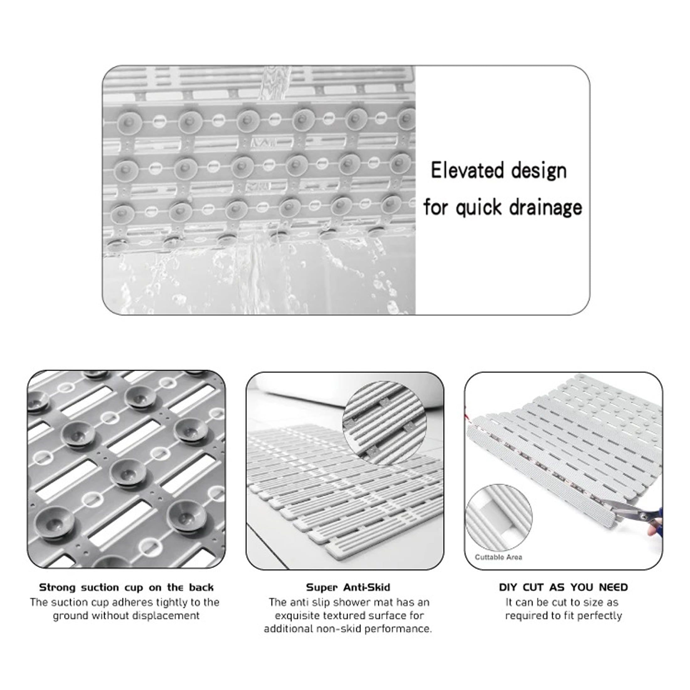 Shower Mat Non Slip Bathtub Mat - 27 x 16 Inch TPE+PP Soft Anti Slip Bath Mat for Tub, Slatted Shower Floor Mat with Powerful Suction Cups and Drain Holes, Easy to Cut, Machine Washable, Grey