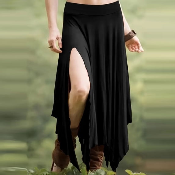 Cavosen Maxi Skirt with Slit Flowy Plus Size Loose Pleated High Waist Mix Skirt Ladies Vacation Soft Summer Skirt Black L