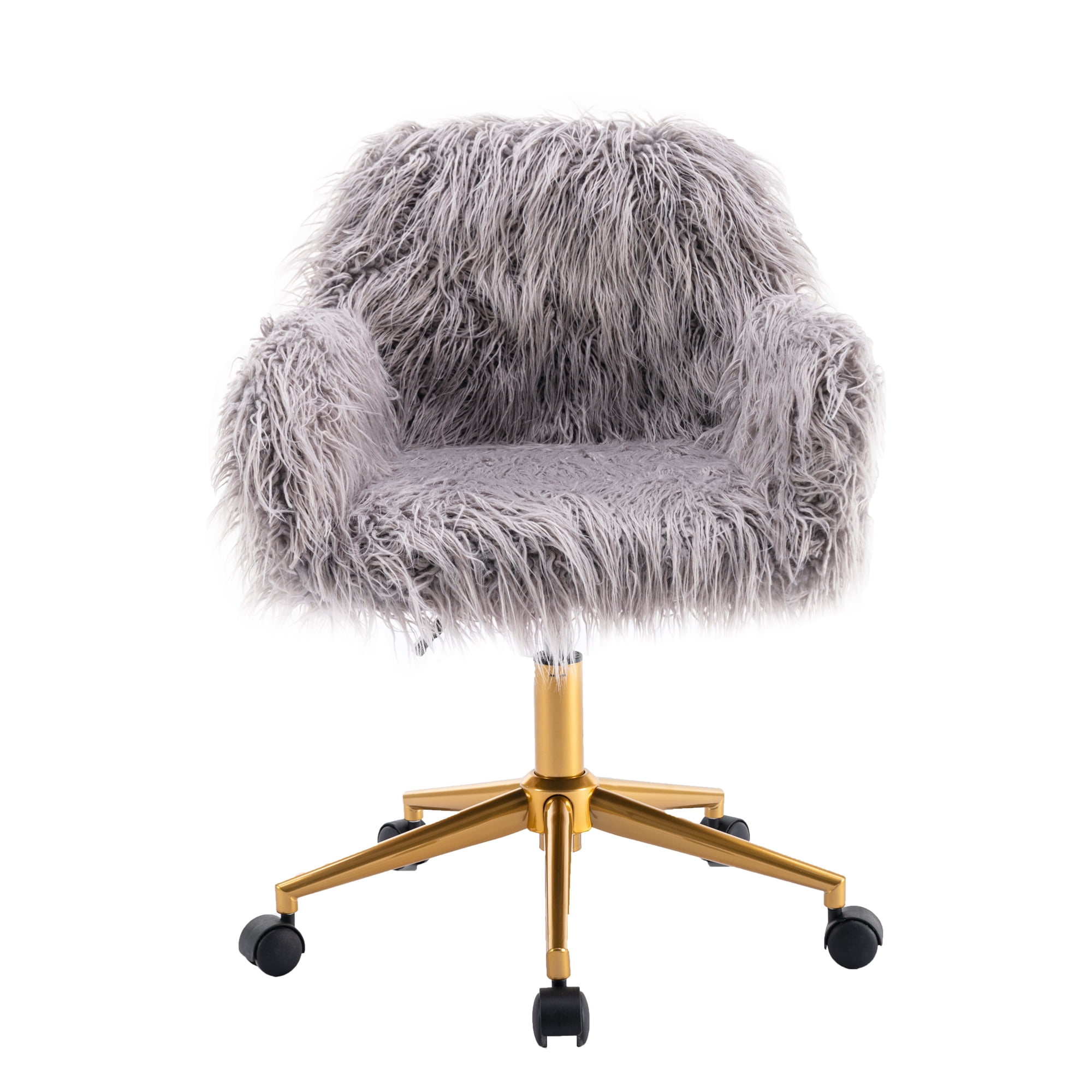 KCC Fluffy Office Desk Chair, Faux Fur Modern Swivel Armchair with Wheels, Soft Comfy Fuzzy Elegant Accent Makeup Vanity Chairs for Women Girls, Home Living Dressing Room Bedroom, Gray