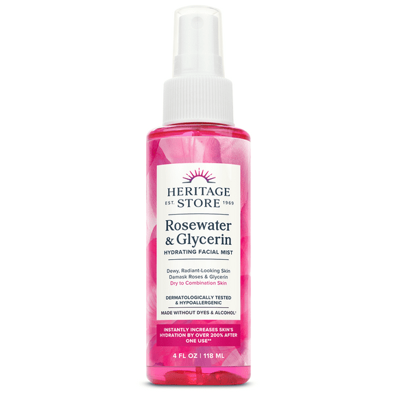 HERITAGE STORE Rosewater & Glycerin Hydrating Facial Mist - Dry Combination Skin Care - Rose Water Spray w/ Vegetable Glycerine, Made Without Dyes or Alcohol, Hypoallergenic, Vegan, Cruelty Free, 4oz