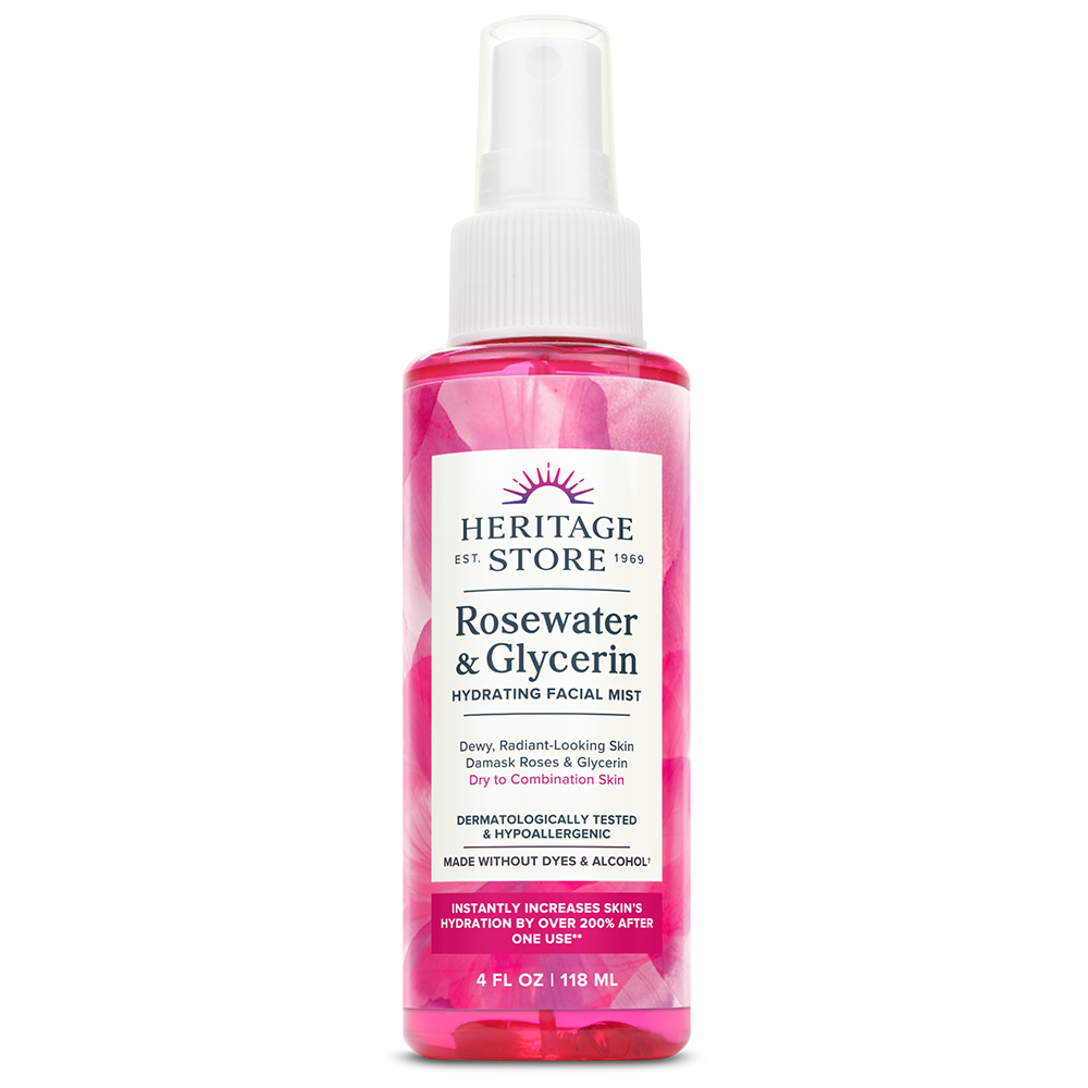 HERITAGE STORE Rosewater & Glycerin Hydrating Facial Mist - Dry Combination Skin Care - Rose Water Spray w/Vegetable Glycerine, Made Without Dyes or Alcohol, Hypoallergenic, 4 Fl Oz