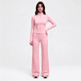 thumbnail image 2 of Girony Women's Polka Dot Workout Outfit Set, Zip Up Stand Collar Jacket & High Waist Flared Pants 2 Piece Yoga Tracksuit, 2 of 8