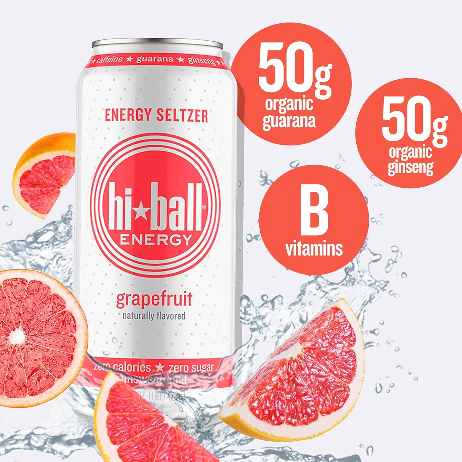 Hiball Clean Energy Drink, Zero Sugar Caffeinated Seltzer Water, Grapefruit, 16 Fl Oz, 12 Pack
