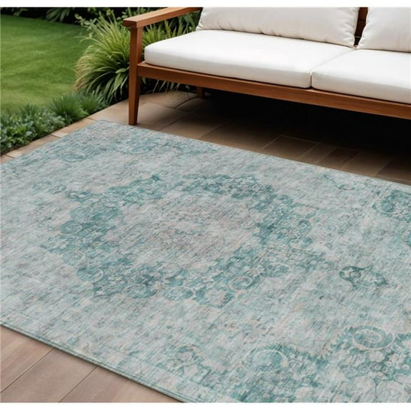 HomeRoots 607947 8 x 10 ft. Teal Blue Floral Medallion Washable Indoor & Outdoor Rectangle Area Rug