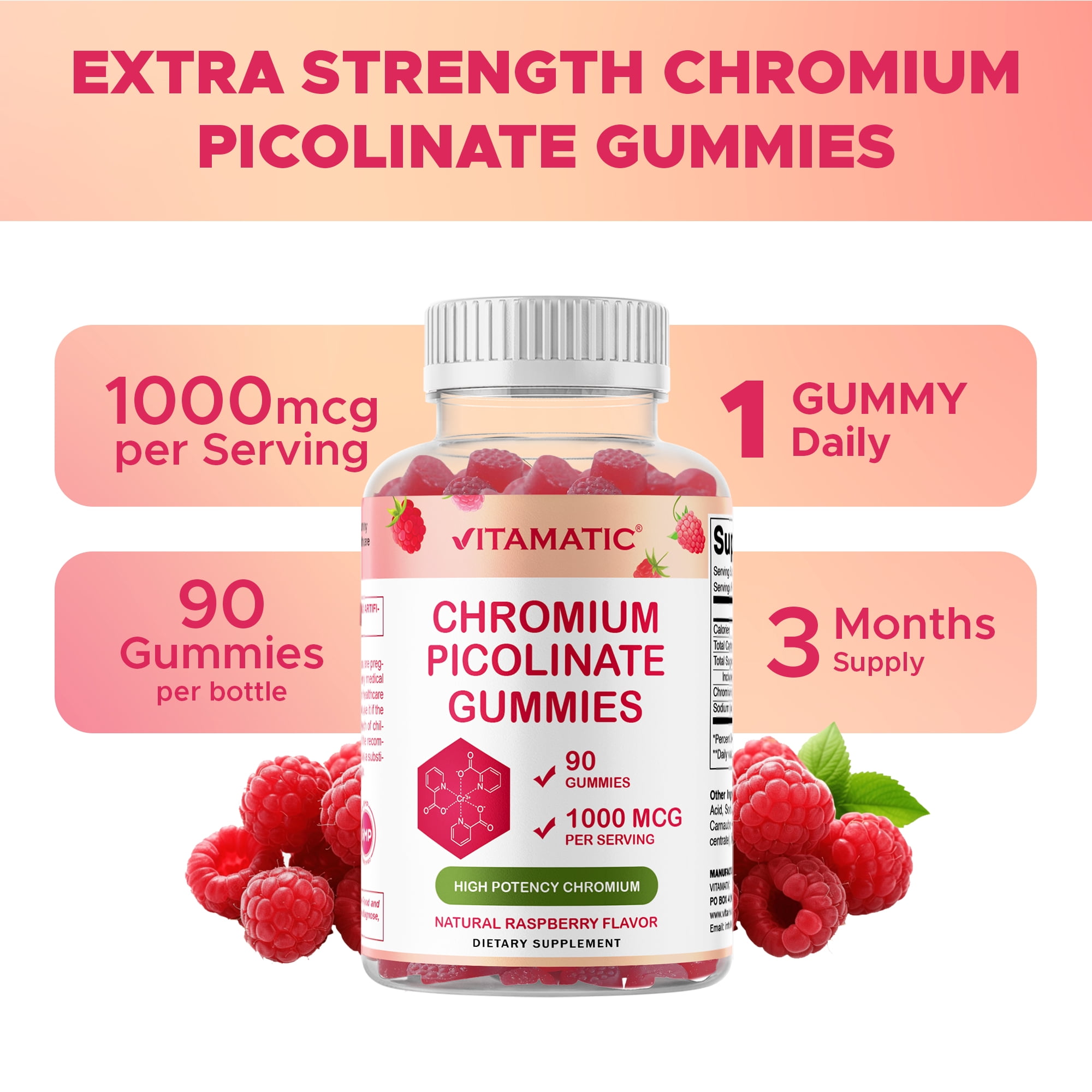 (3 pack) Vitamatic Chromium Picolinate 1000 mcg - 90 Gummies - High Potency Chromium - Raspberry Flavor