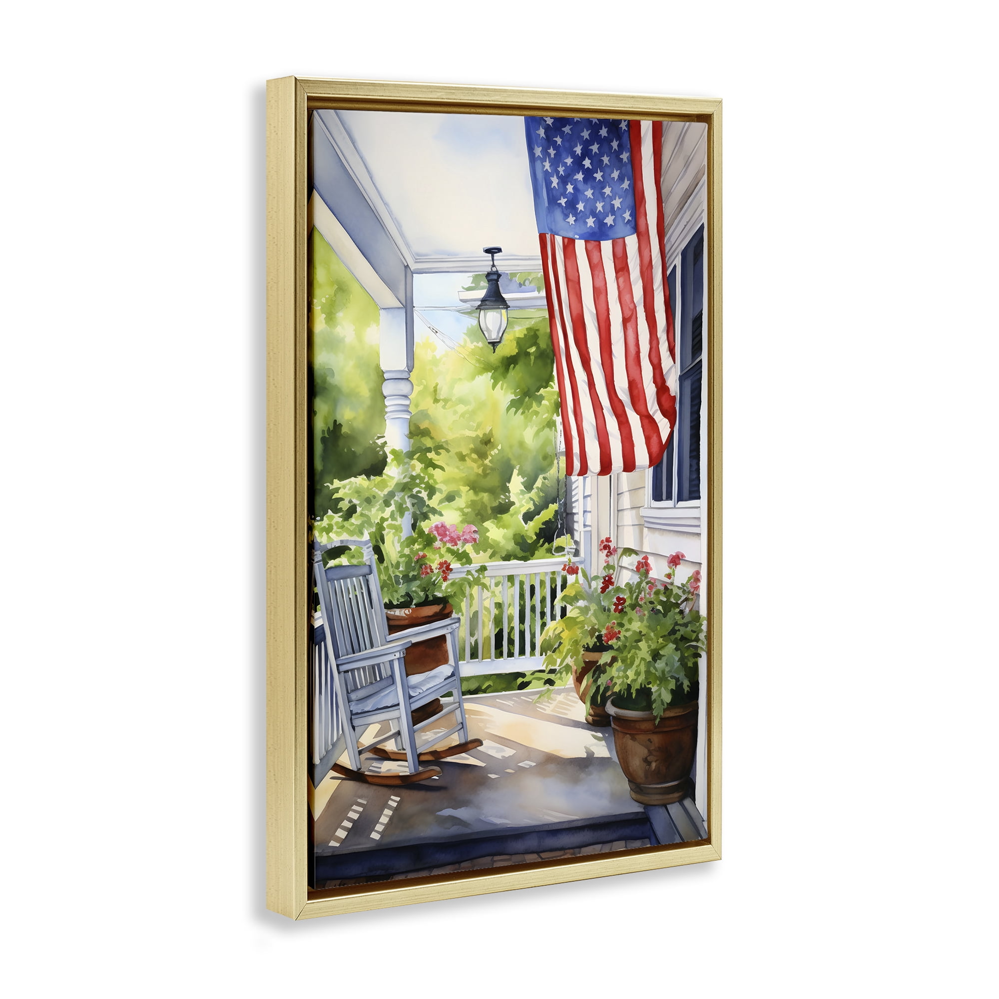 Stupell Industries Patriotic Summer Porch Scenery Painting Gold Floater Framed Canvas Art Print Wall Art, 17 x 25