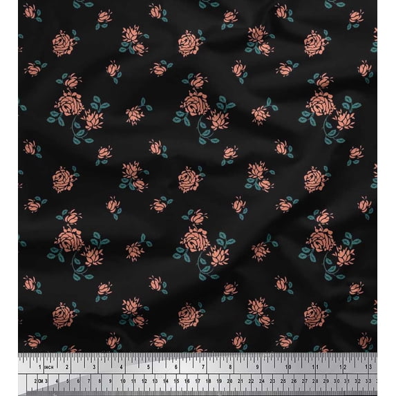 Soimoi Cotton Duck Fabric Leaves & Rose Floral Printed Fabric 1 Yard 42 Inch Wide