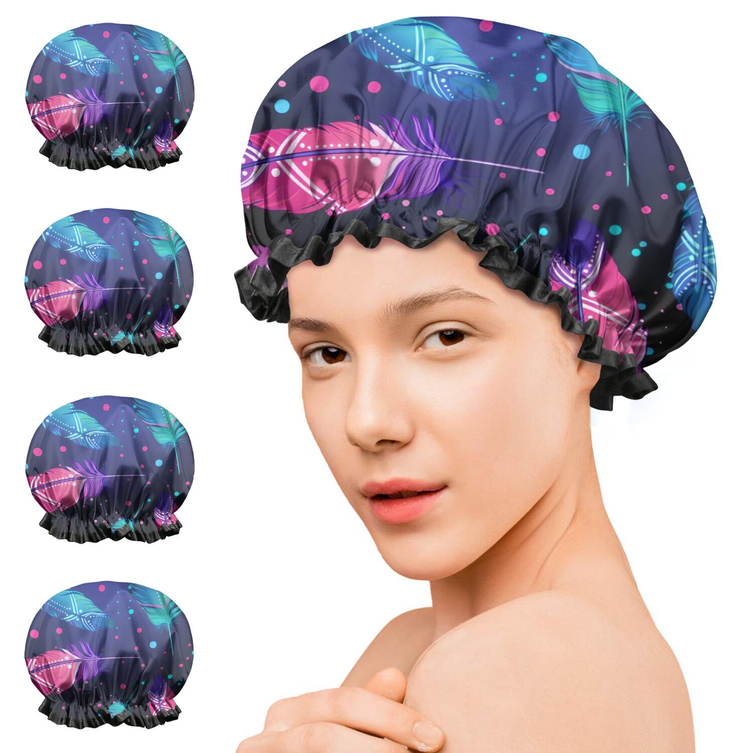 Shower Caps,Neon Feather with Dots Pattern Waterproof Shower Cap for Women 4 Pieces,Double Reusable Hair Cover for Shower PEVA Elastic Stretch Hem