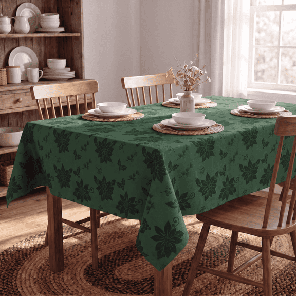 Sm:)e Poinsettia Christmas Tablecloth 60x84 Inch, Yarn-Dyed Woven Monochrome Jacquard Table Cover for Dining Decor, Rectangle, Green