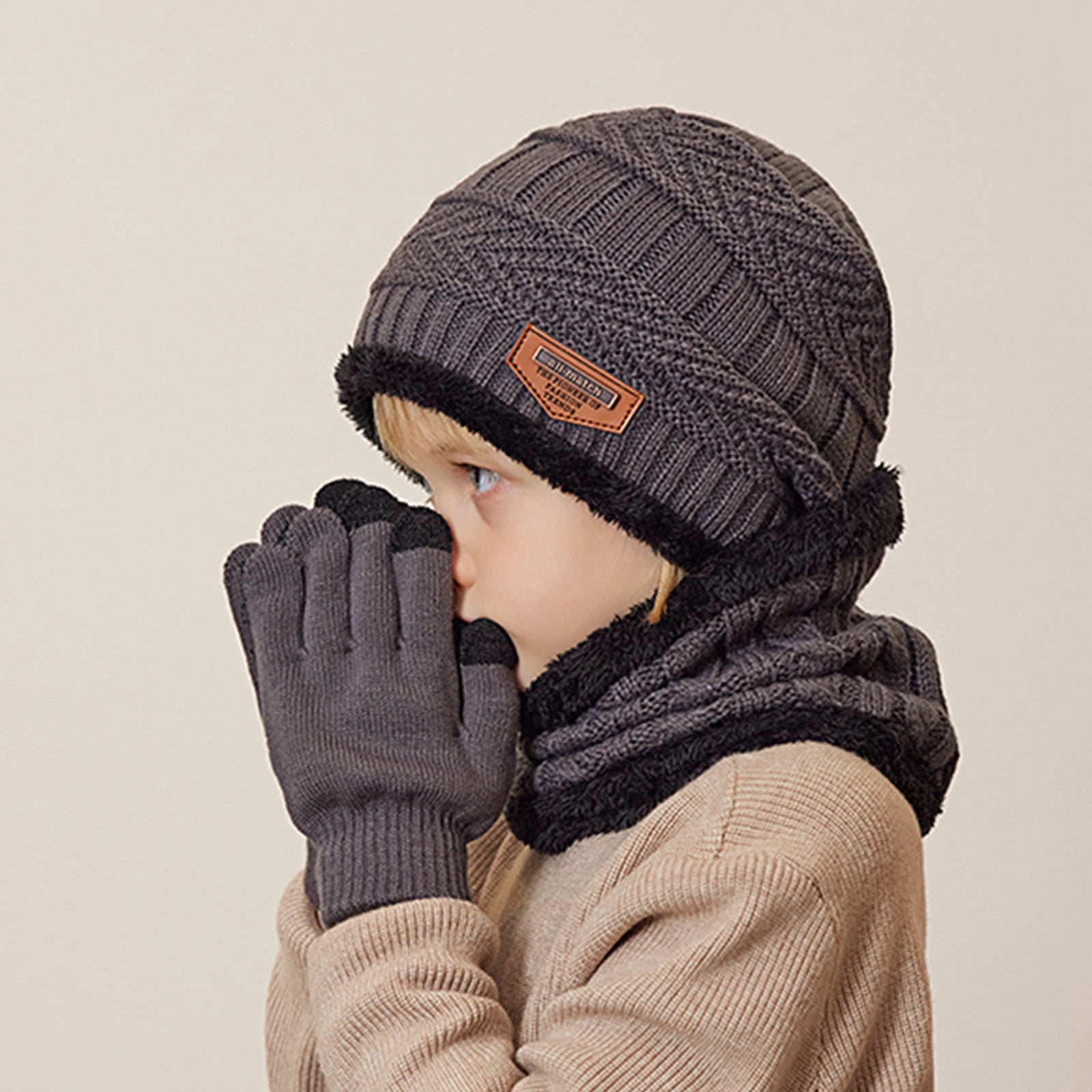 NAISIBABY Boys Girls Beanie Hat Scarf Gloves Set, Comfy Knit Thickening Outdoor Kids Winter Keep Warm 3 Pieces Set Gray Free Size