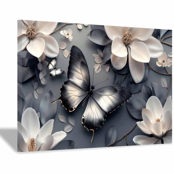 Mudket Wall Art Framed Ready to Hang Butterfly Floral Canvas Print, Modern Floral Wall Decor Artwork for Bedroom Living Room Office, Minimalist Botanical Wall Pictures - 12"L x 8"W