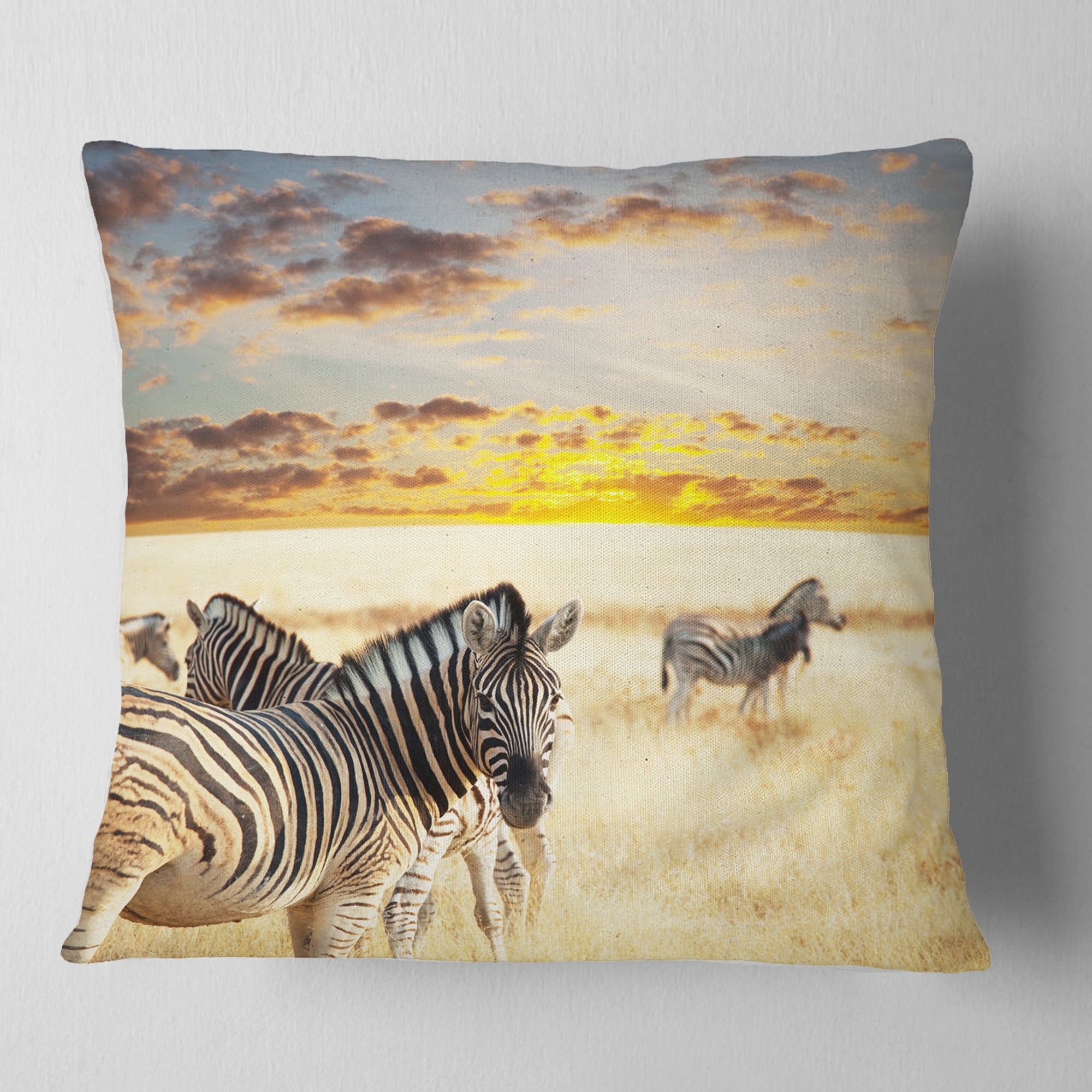 Designart Zebras Walking in Bush under Clouds - African Throw Pillow - 16x16