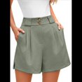 thumbnail image 3 of Pantalones Cortos de Trabajo Informales para Mujer, de Verano 2025, con Cintura Alta Elástica, Plisados, Aberturas Laterales y Bolsillos. Verde L, 3 of 9