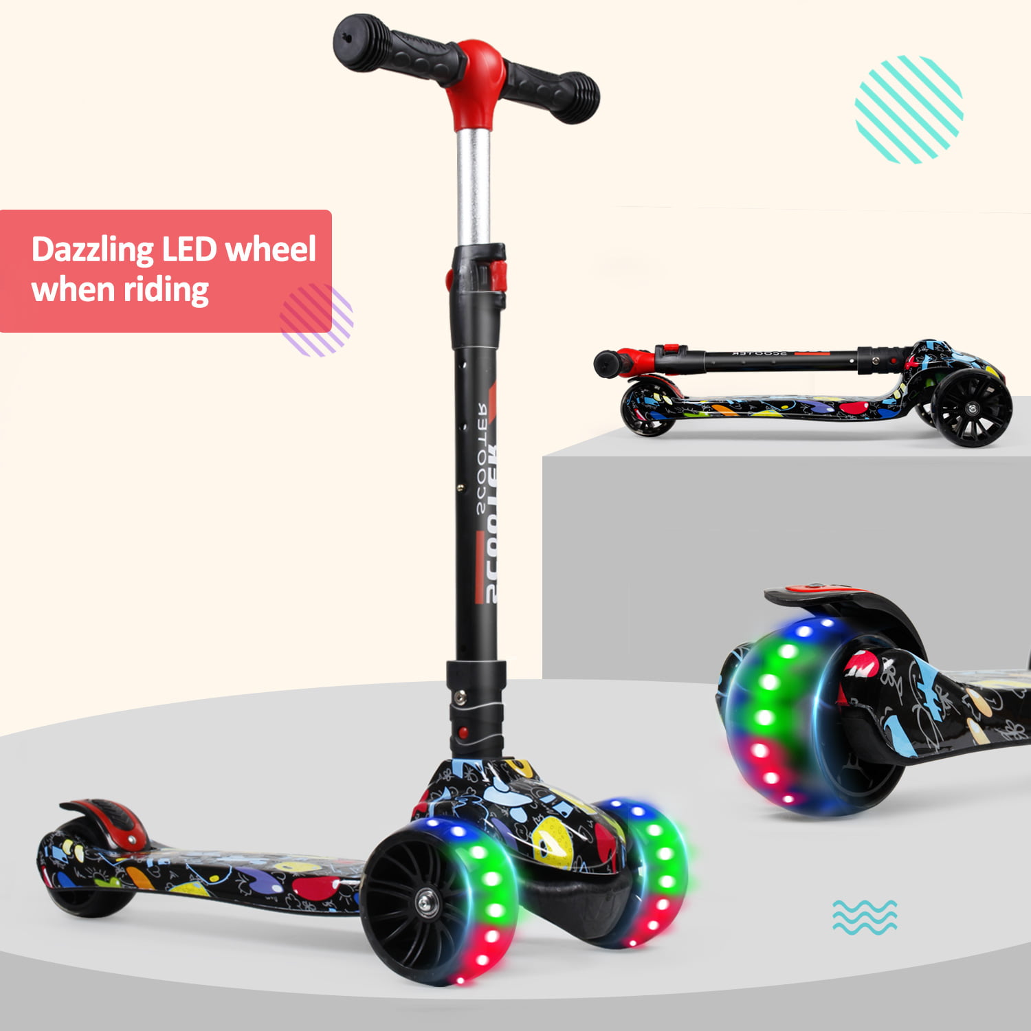 KickFun® 3 Wheel Scooter Kids Scooter Light Up Scooter Perfect Kick Scooter for kids/Toddler Boys & Girls Aged 3-13 with Multi-coloured LED Flashing Light Up Wheels
