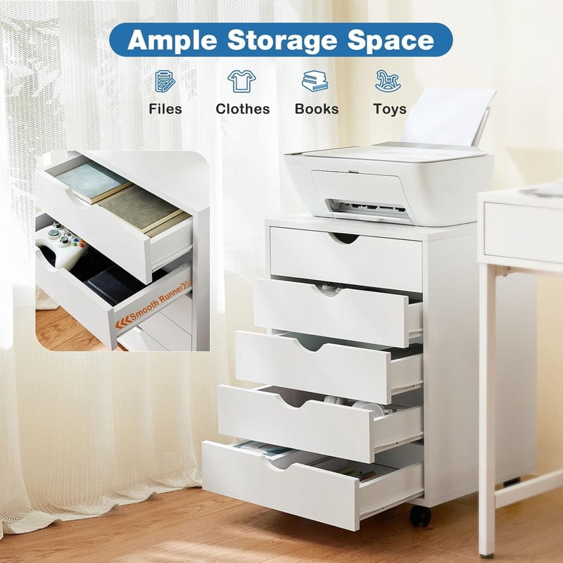 TINKLE WELL 5 Drawer Wooden Rolling File Cabinet, Mobile Compact Storage Dresser for Home Office Organization, White