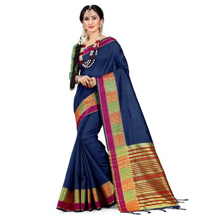 Sarees for Women Cotton Silk Woven Saree l Indian Wedding Gift Sari with Unstitched Blouse Blue