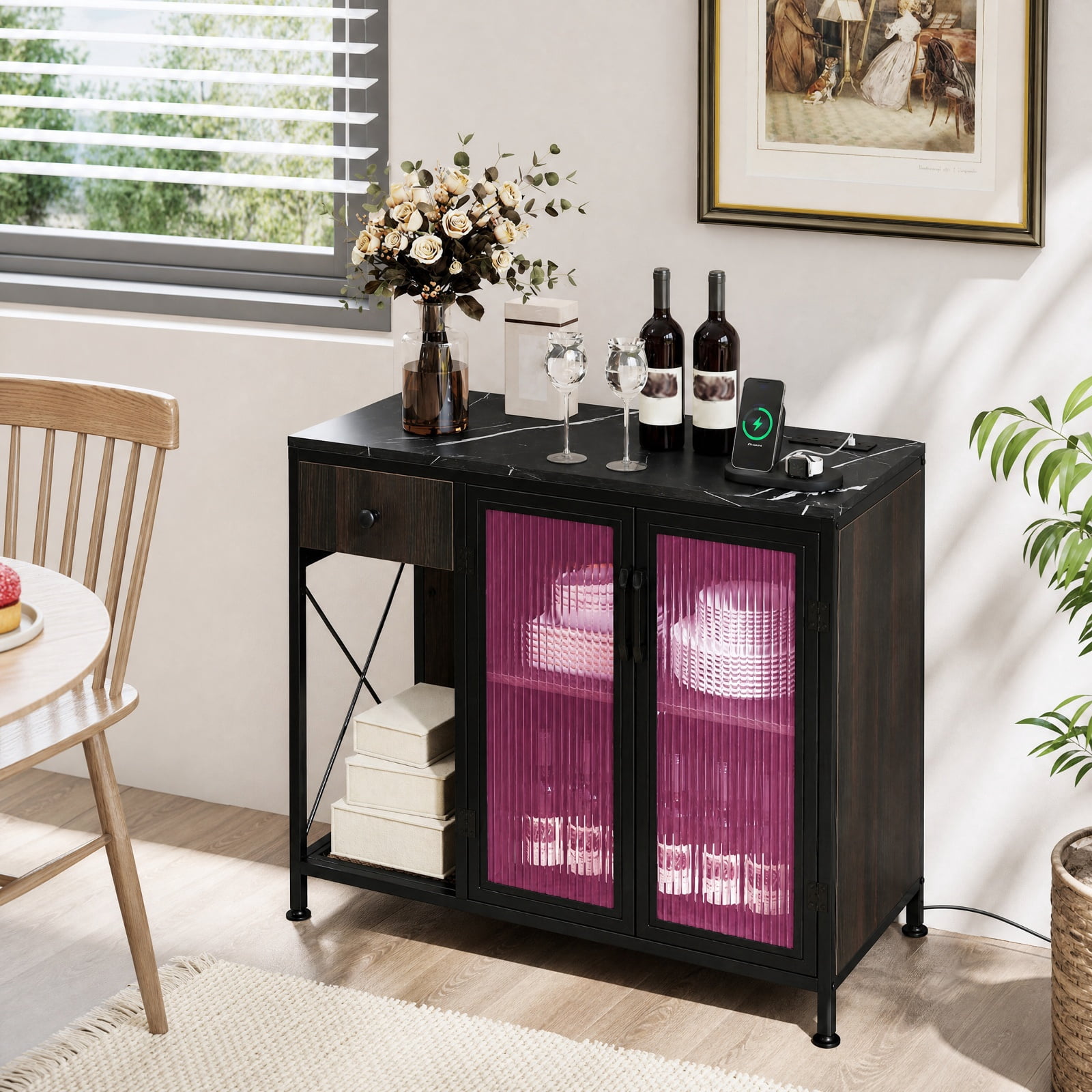 Furnibear Buffet Sideboard with Doors Power Outlets and LED Light for Kitchen Dining Living Room Buffet Storage Server, Black
