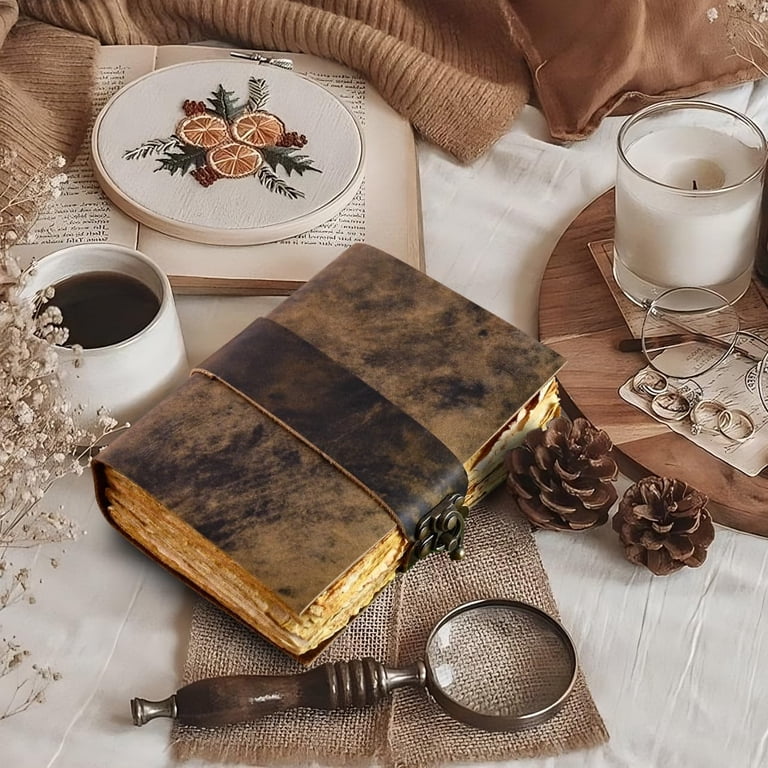 Vintage Leather Bound Journal With Lock - Book Of Shadows, Handmade Paper, 8x6 Inch 200 Pages