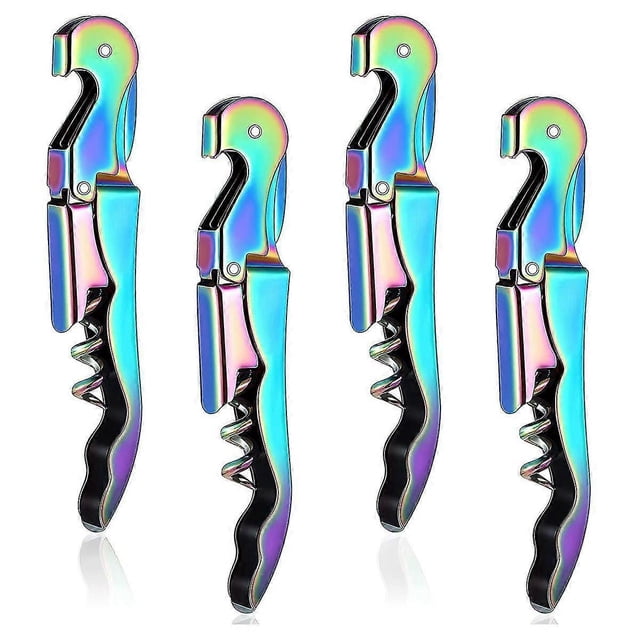 Waiter Corkscrew Set 4-Piece with Double Hinge, Foil Cutter & Bottle Opener - Multicolor Titanium Stainless Steel