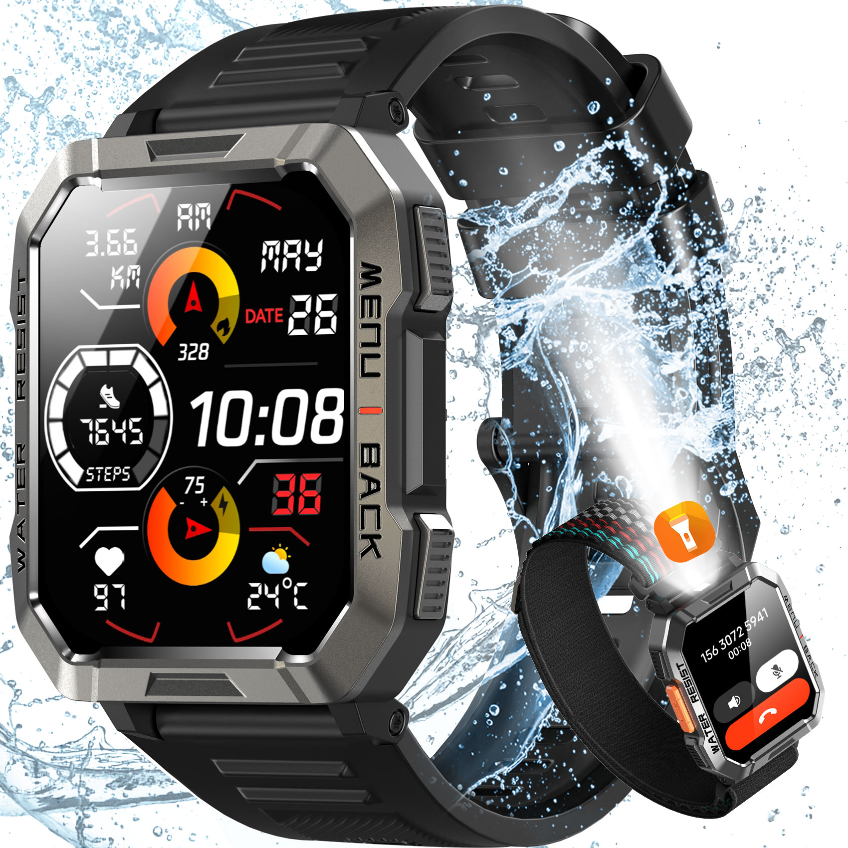 LUOMATE 2.01" Military Smartwatch for Men, 900mAh Fitness Tracker with Answer/Make Calls, 100+ Sport Modes, IP68 Waterproof, Pedometer, Compatible with Android & iPhone (Black)