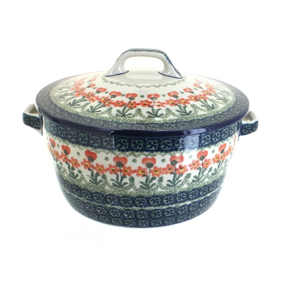 Blue Rose Polish Pottery Peach Posy Covered Round Baker