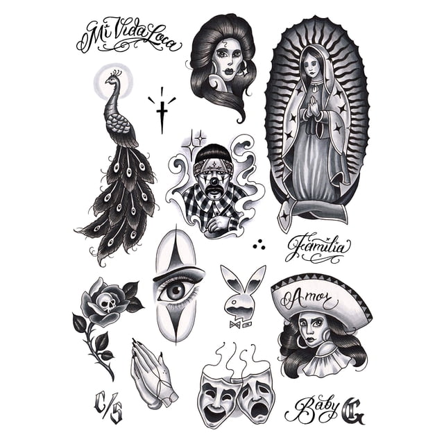 Tatsy Chicano Set Tatuaje Temporal Cover Up Pegatina para Hombres y Mujeres Temperatura Corporal Tatuajes Falsos Chicana Gansta Lowrider Estilo Cultura Diseños Únicos Realistas